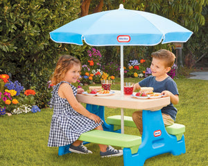 Kids Folding Picnic Table with Umbrella – Blue/Green