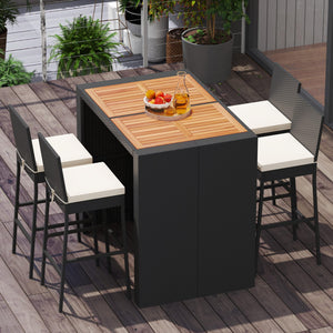 5-Piece Outdoor Wicker Bar Set with Acacia Wood Table & Cushioned Stools