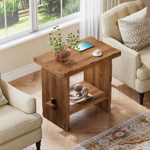 2-Tier Solid Wood End Table with Open Shelves