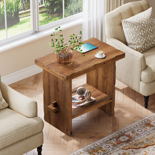 2-Tier Solid Wood End Table with Open Shelves