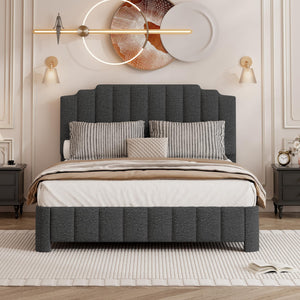 Queen Bed Frame with Adjustable Headboard – Boucle Upholstered Platform Bed