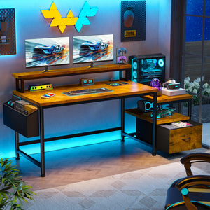 57" Computer Desk with Monitor Stand, Charging Station & File Cabinet