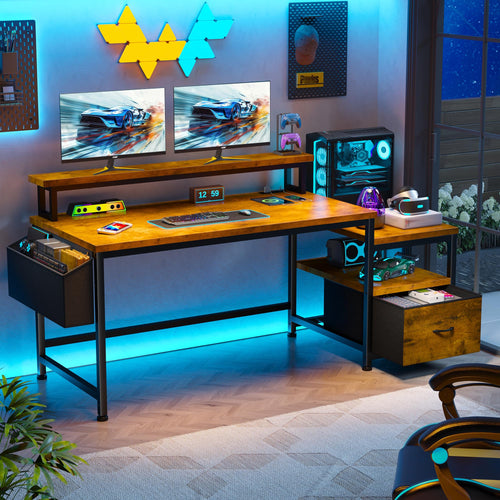 57" Computer Desk with Monitor Stand, Charging Station & File Cabinet