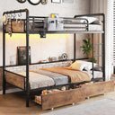 Twin Over Twin Metal Bunk Bed with LED Lights, Storage Drawers & USB Charging