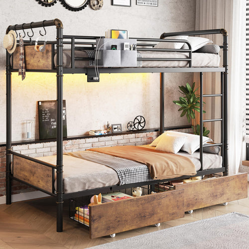 Twin Over Twin Metal Bunk Bed with LED Lights, Storage Drawers & USB Charging