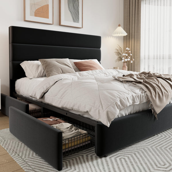 Queen Platform Bed Frame with Storage Drawers & Velvet Headboard
