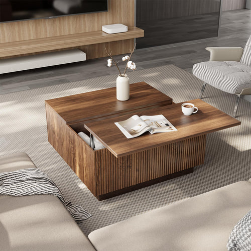 Square Lift-Top Coffee Table with Fluted Design & Hidden Storage