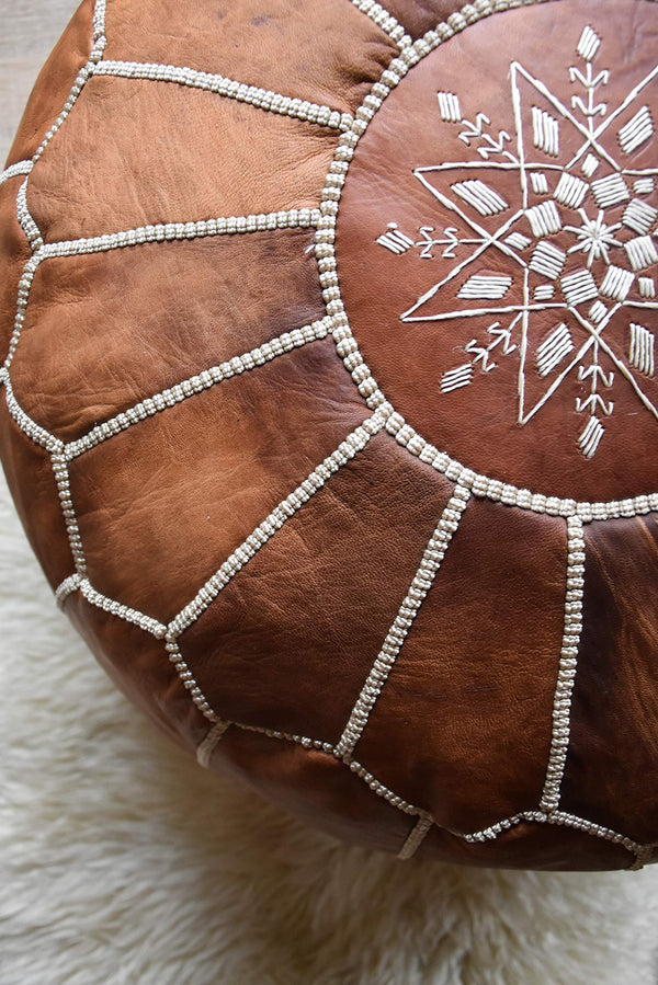 Moroccan Genuine Leather Pouf Ottoman – Cognac Brown