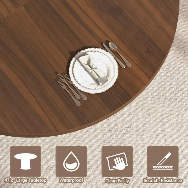 Round Extendable Dining Table 47.2"–63" with Storage Shelf, Walnut