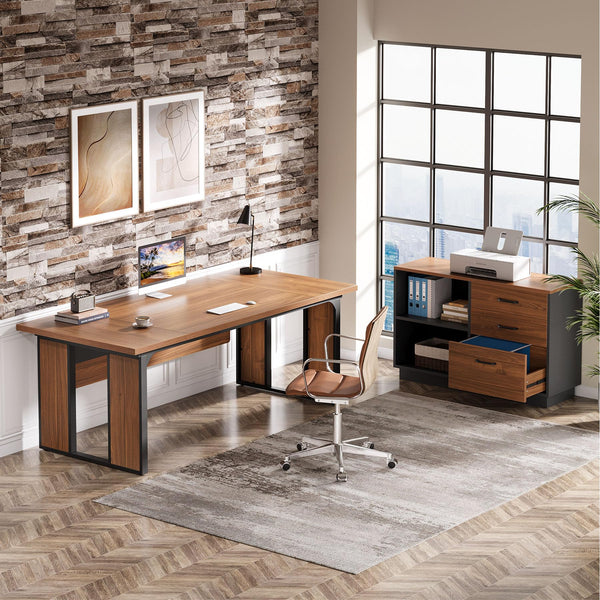 L-Shaped Executive Desk with File Cabinet and Storage Shelves