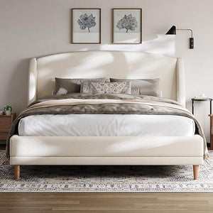 Upholstered Platform Bed with Boucle Wingback Headboard