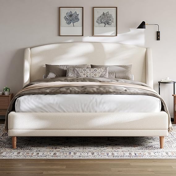 Upholstered Platform Bed with Boucle Wingback Headboard