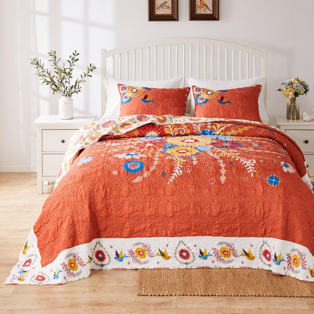 Topanga Quilted Bedspread Set – Folk Art Floral, Multiple Sizes