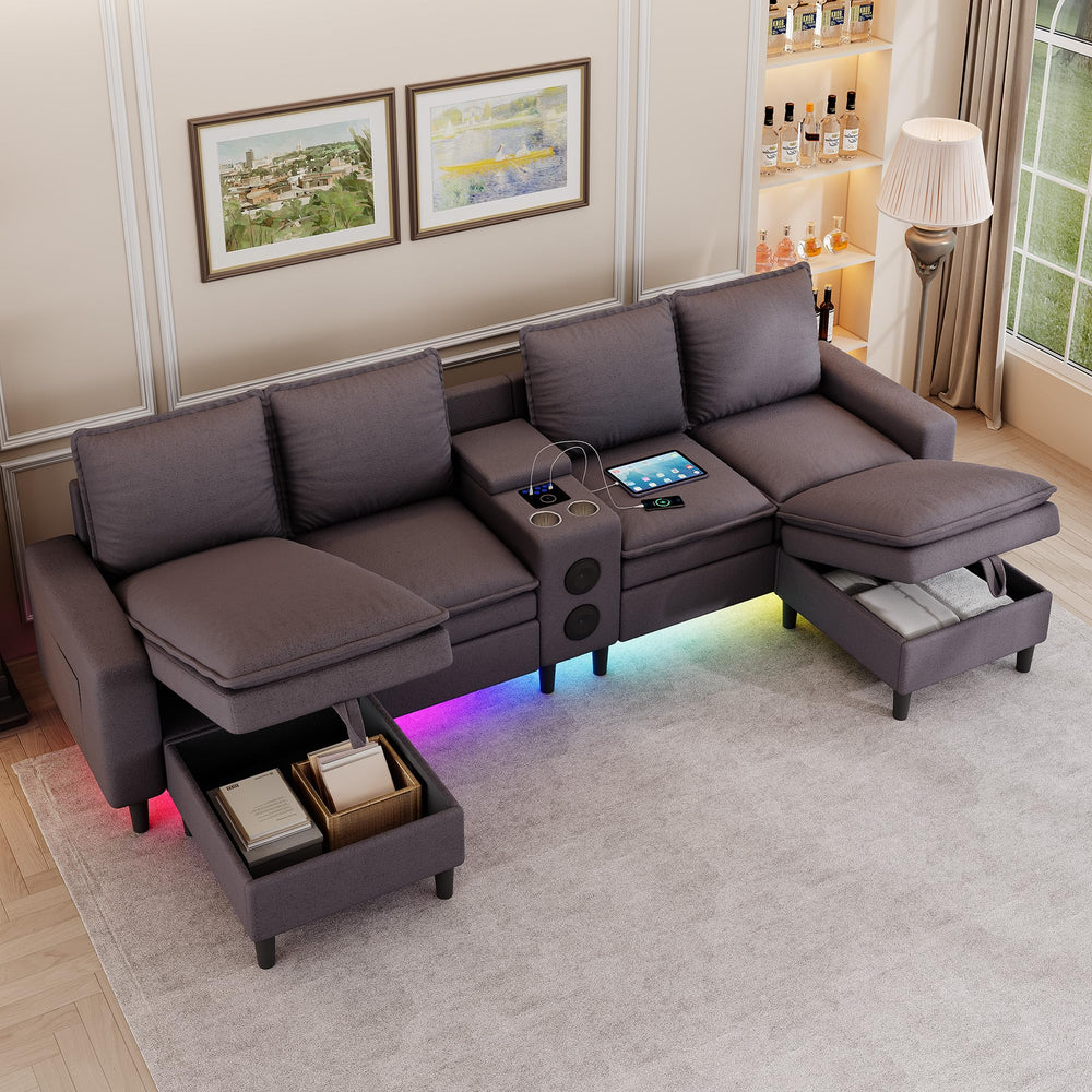 L-Shaped Sectional Sofa with Bluetooth Speaker, LED Lights & Charging Station