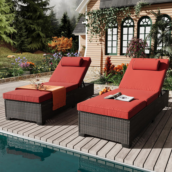 Outdoor PE Wicker Chaise Lounge Set of 2 – Adjustable Reclining Patio Lounger Chairs