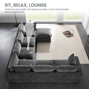 U-Shaped Sectional Sofa with Storage Ottoman – 7-Seat Chenille Couch, Grey