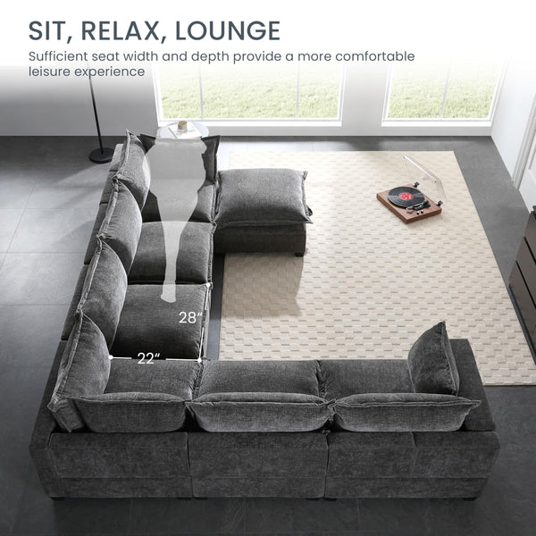 U-Shaped Sectional Sofa with Storage Ottoman – 7-Seat Chenille Couch, Grey
