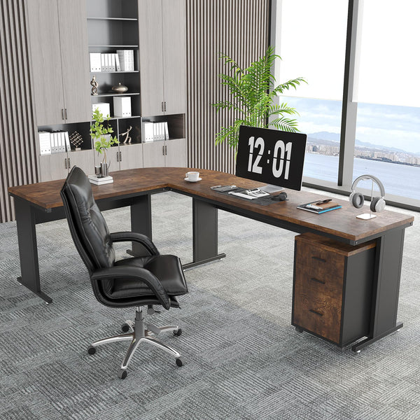 L-Shaped Executive Desk with Drawers & Rolling File Cabinet – 83 Inch Industrial Corner Office Desk