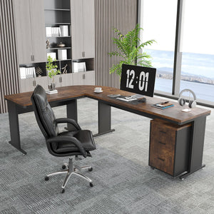 L-Shaped Executive Desk with Drawers & Rolling File Cabinet