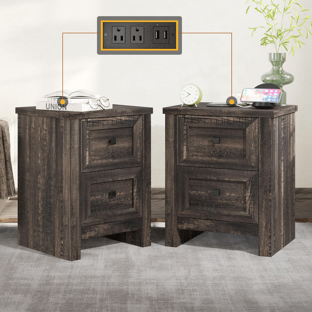 Nightstand Set of 2 with Charging Station & Drawers
