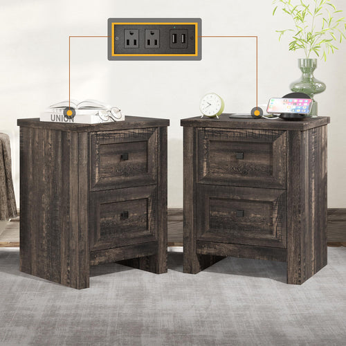 Nightstand Set of 2 with Charging Station & Drawers