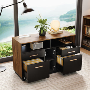 4 Drawer Wood File Cabinet with Lock, Power Strip & Storage Shelves
