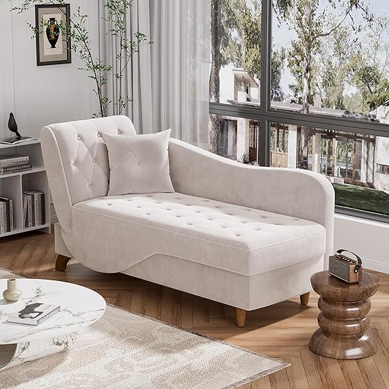 Velvet Chaise Lounge Chair with Storage & Adjustable Backrest