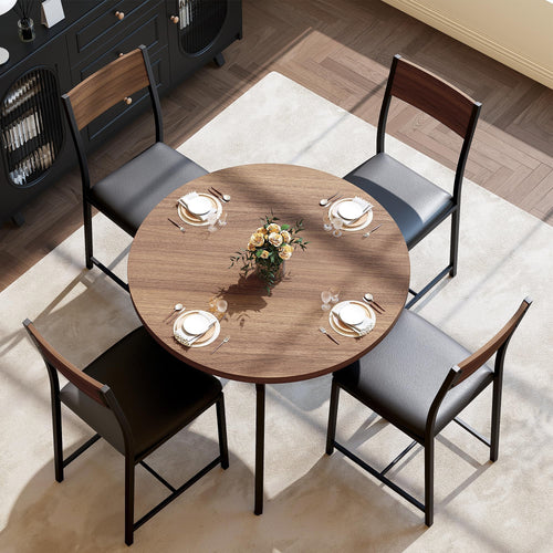 Round Dining Table Set for 4 with Upholstered Chairs – Walnut
