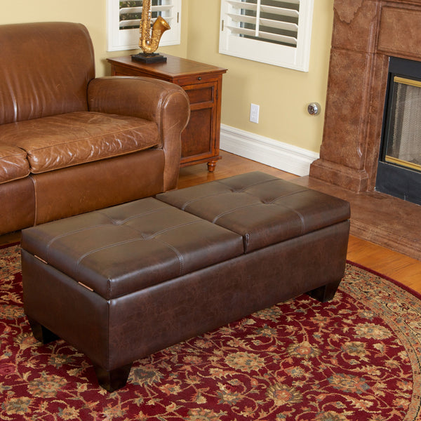 Leather Storage Ottoman with Double-Door Lid, Chocolate Brown