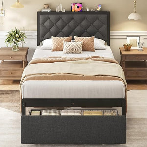 Metal Platform Bed Frame with Storage Drawers & Charging Station