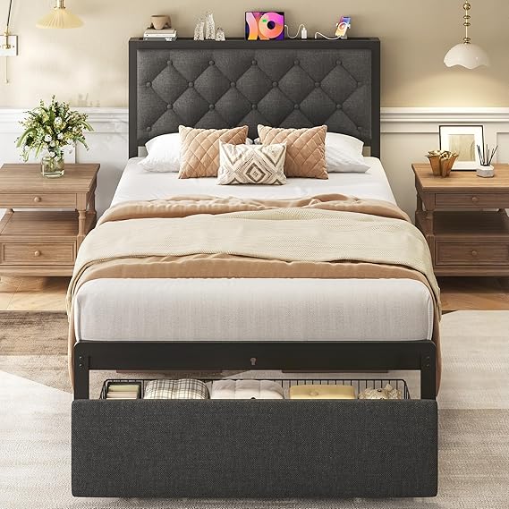 Metal Platform Bed Frame with Storage Drawers & Charging Station