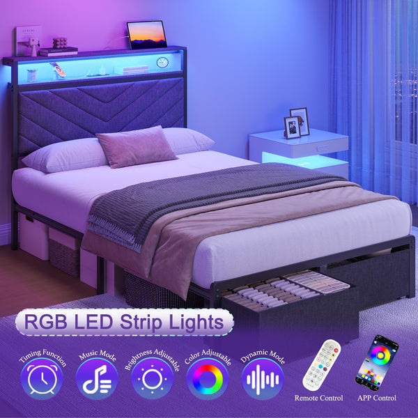 Upholstered Bed Frame with Storage Drawers, LED Lights & Charging Station