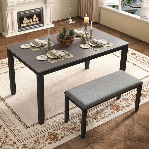 6-Piece Farmhouse Dining Table Set with Bench – 59" Rectangle Table, Upholstered Chairs, Black