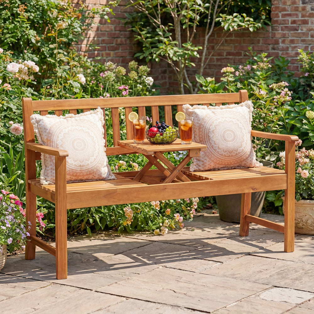 Acacia Wood Outdoor Bench with Pull-Out Center Table
