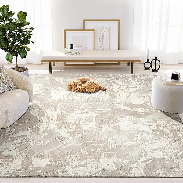 Geometric Cream Area Rug – Modern Abstract Wavy Pattern