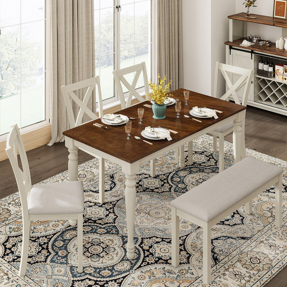 6-Piece Farmhouse Solid Wood Dining Table Set with Chairs and Bench