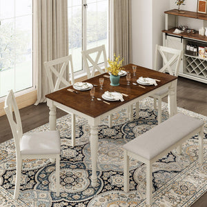 6-Piece Farmhouse Solid Wood Dining Table Set with Chairs and Bench
