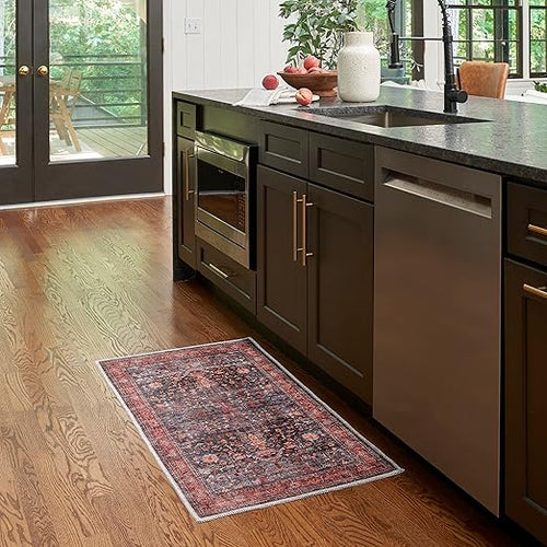 Machine Washable Persian Area Rug – Navy & Brick