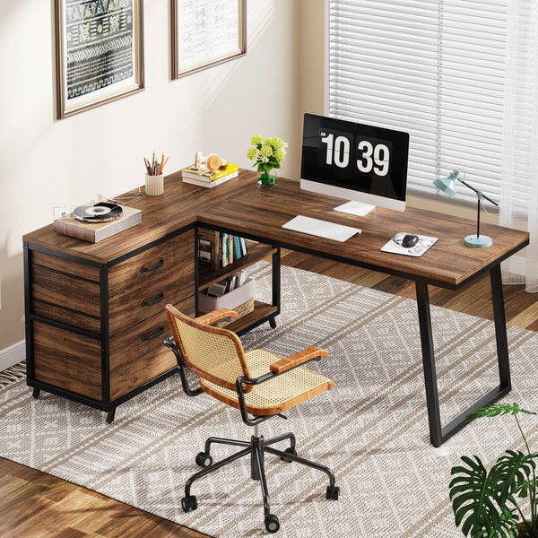 Reversible L-Shaped Computer Desk with Drawers & Shelves