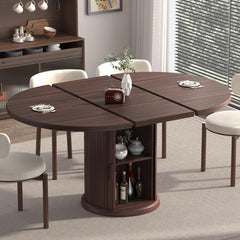 Extendable Round Dining Table with 2-Tier Storage Shelf – Seats 4–6, Black Walnut