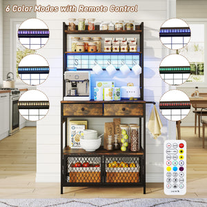 5-Tier Bakers Rack with Power Outlet, LED Lights & Drawers