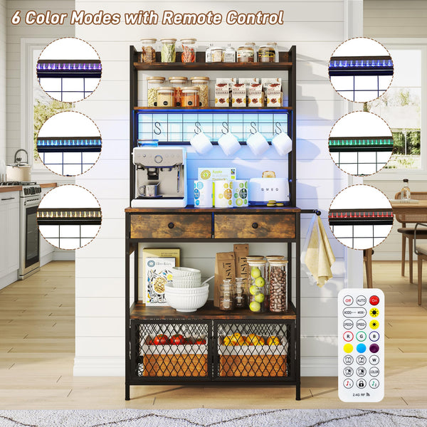 5-Tier Bakers Rack with Power Outlet, LED Lights & Drawers