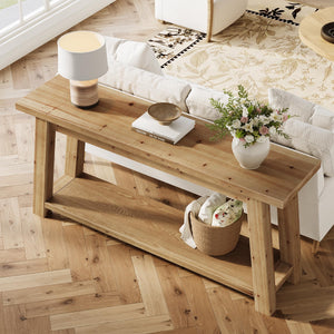70.9" Solid Wood Console Table with 2-Tier Storage Shelf