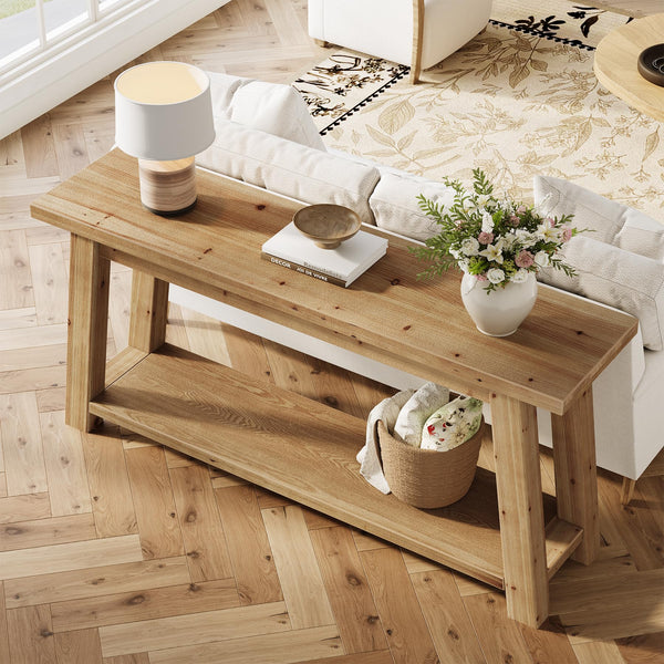 70.9" Solid Wood Console Table with 2-Tier Storage Shelf