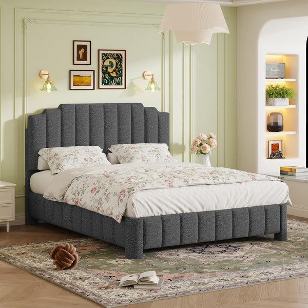Queen Bed Frame with Adjustable Headboard – Boucle Upholstered Platform Bed
