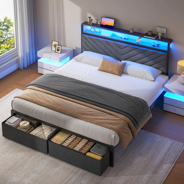 Queen Bed Frame with Storage Drawers, LED Lights & Charging Station