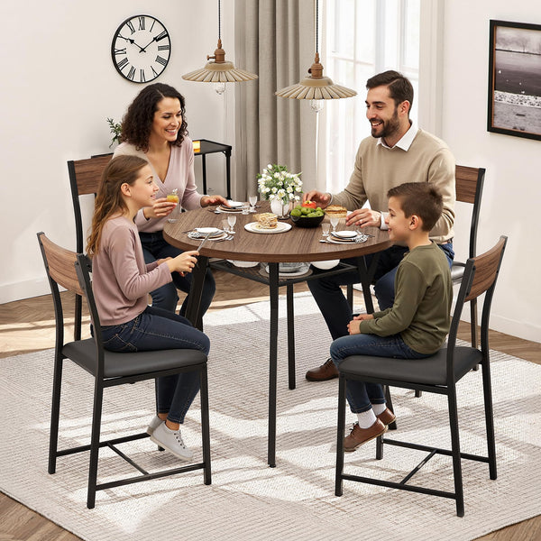 Round Dining Table Set for 4 with Upholstered Chairs – Walnut