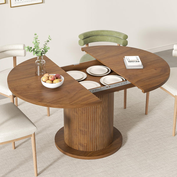 Adjustable Round Dining Table with Wood Strip Base