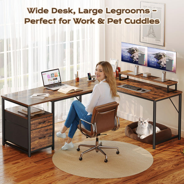 L-Shaped Desk with Power Outlets, USB-C & Storage Drawers