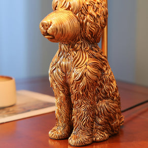 Resin Doodle Dog Table Lamp with Fabric Shade – Golden Sculptural Bedside Accent Light